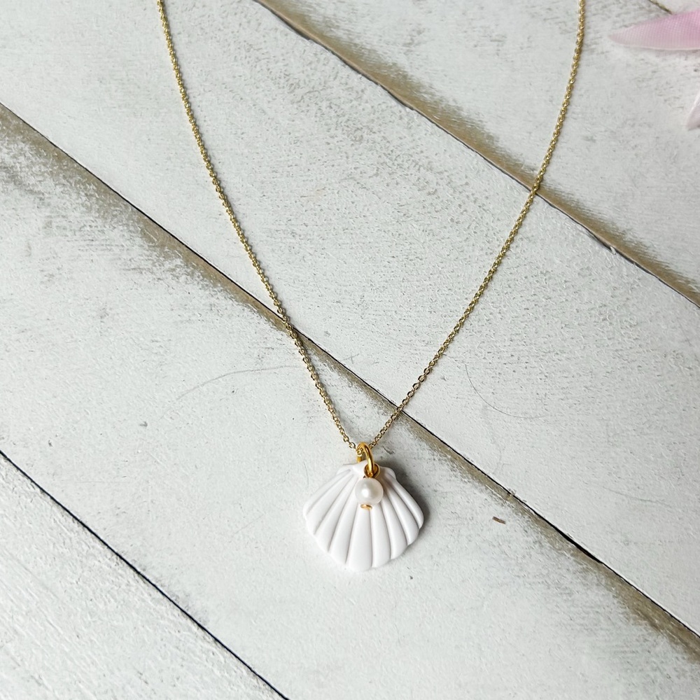 Shell pendant polymer clay necklace, gold Plated Necklace, Handcrafted in Canada